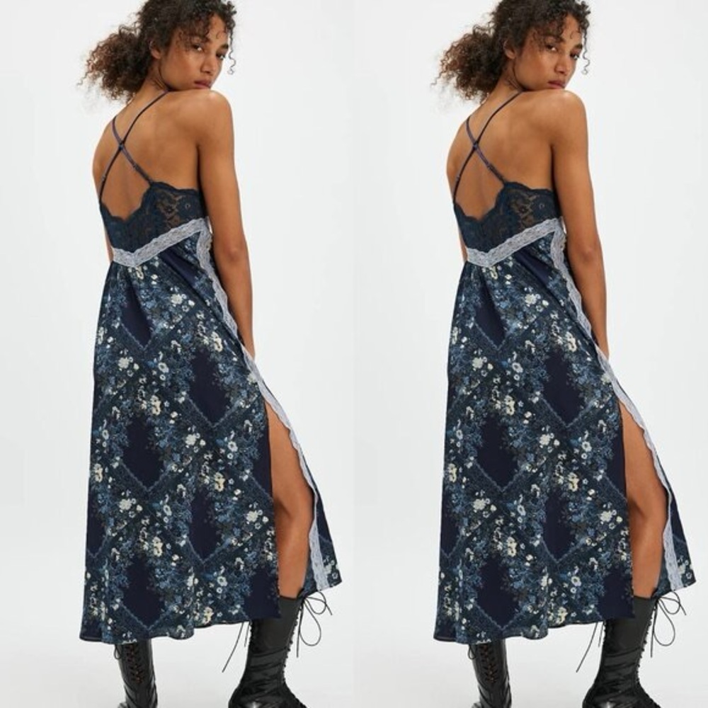 Free People Navy Floral Lace-Trim Maxi Dress